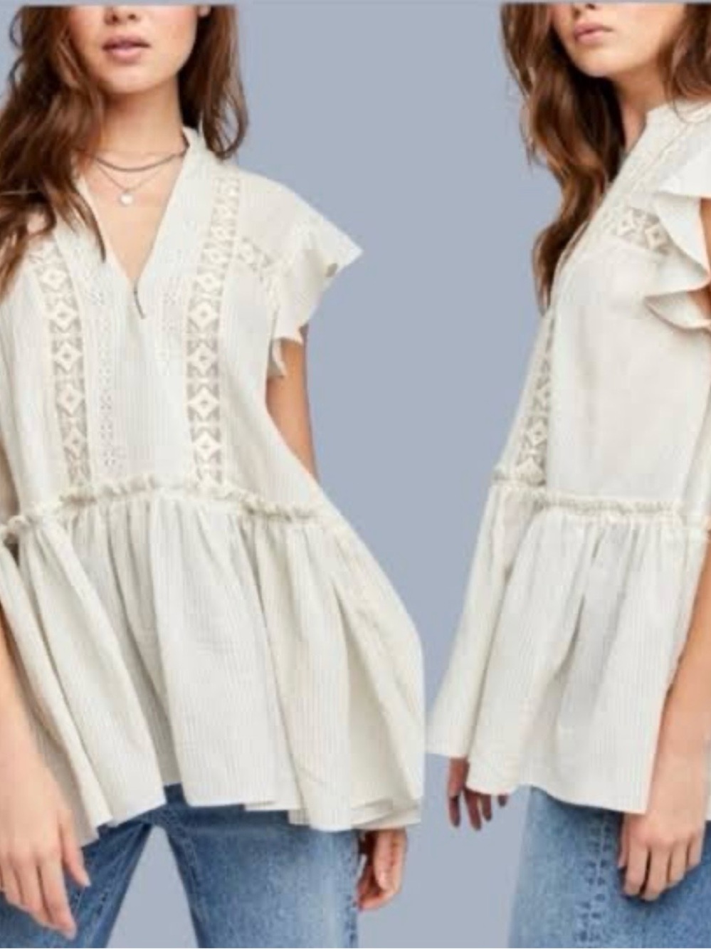 Free People Cream Lace-Trim Flutter Sleeve Peplum Tunic